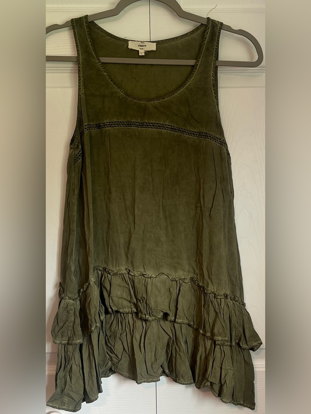 Entro Sleeveless Ruffle Tunic Top in Olive Green